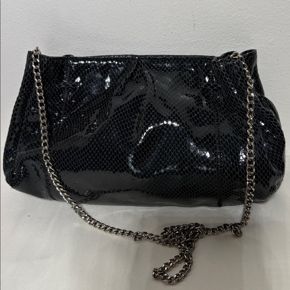 CHI By FALCHI Black Snake Print Lambskin Leather Evening Bag with chain strap